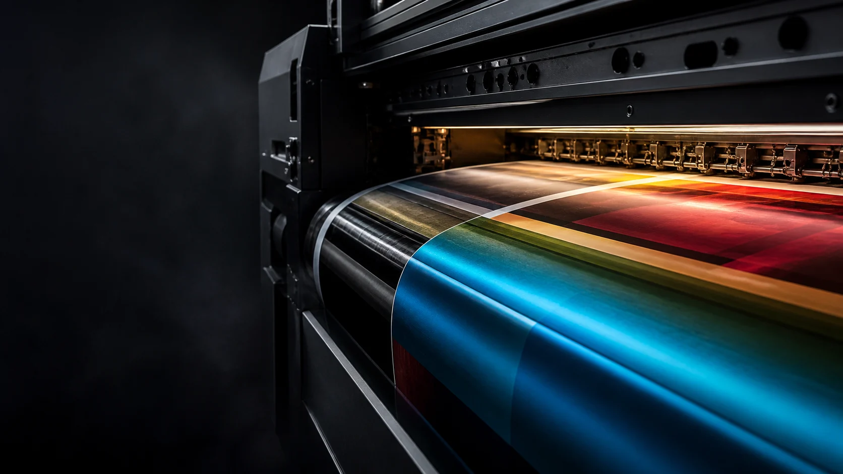 Large-format press drawing a colour sheet through production rollers