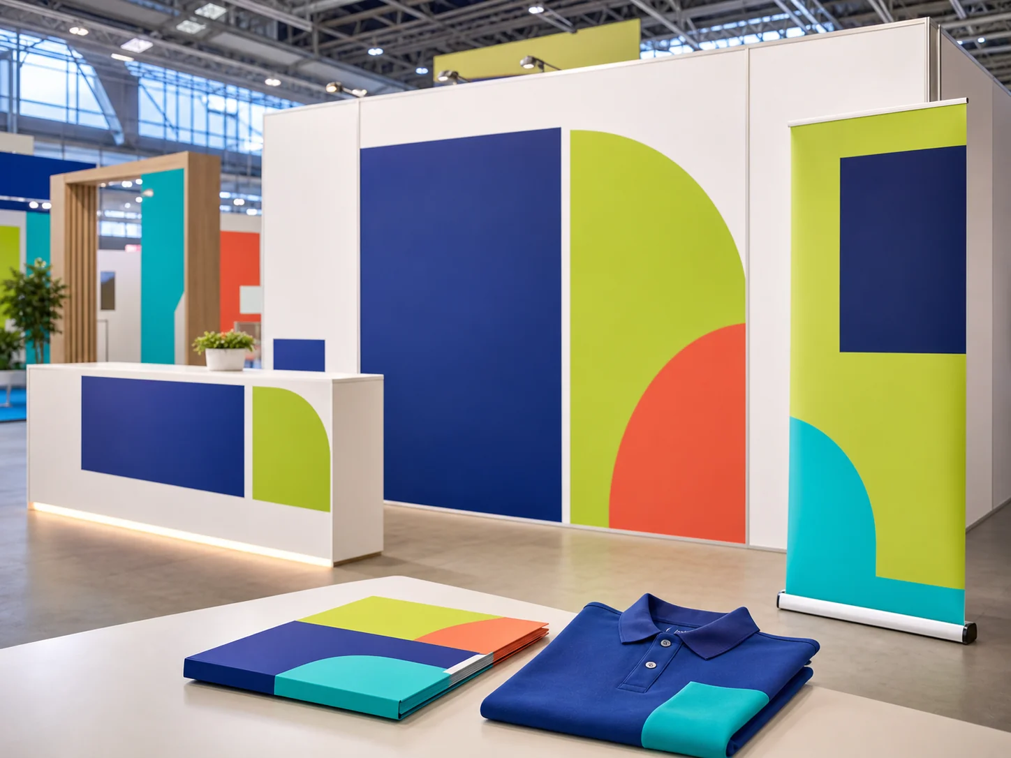 Colourful coordinated exhibition environment with printed materials and uniform sample